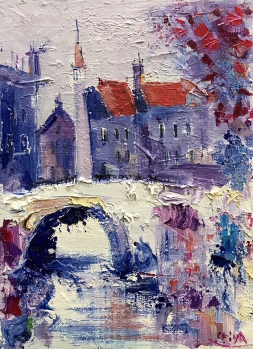 油絵ブルージュの運河