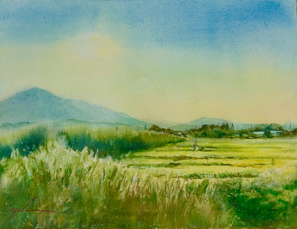 田渕隆三『雪のオベリスク』水彩 ハガキサイズ 直筆サイン 額装 風景画