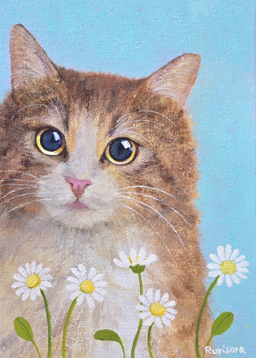 猫の時間 松波照慶 M8号 縦 かわいいネコちゃん 油彩画 4匹の猫 松波