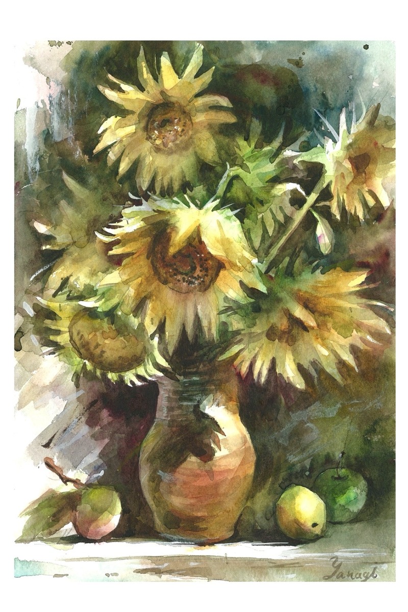 原画販売】ひまわりのまなざし 水彩画 SMサイズ 原画販売】ひまわりの