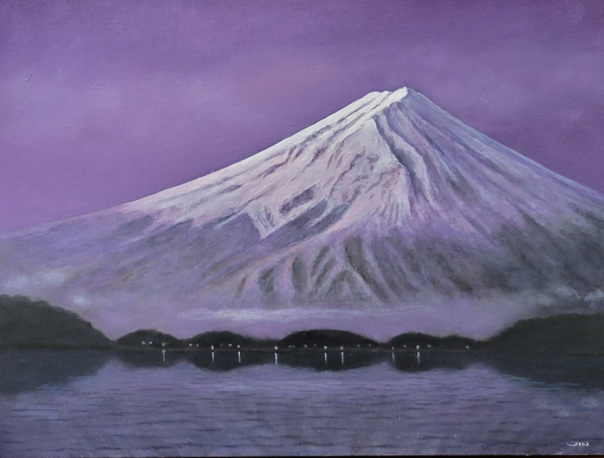 真作】絵画 油彩 雪嶺の見える村 茅葺き屋根と雪山風景 山岳風景画