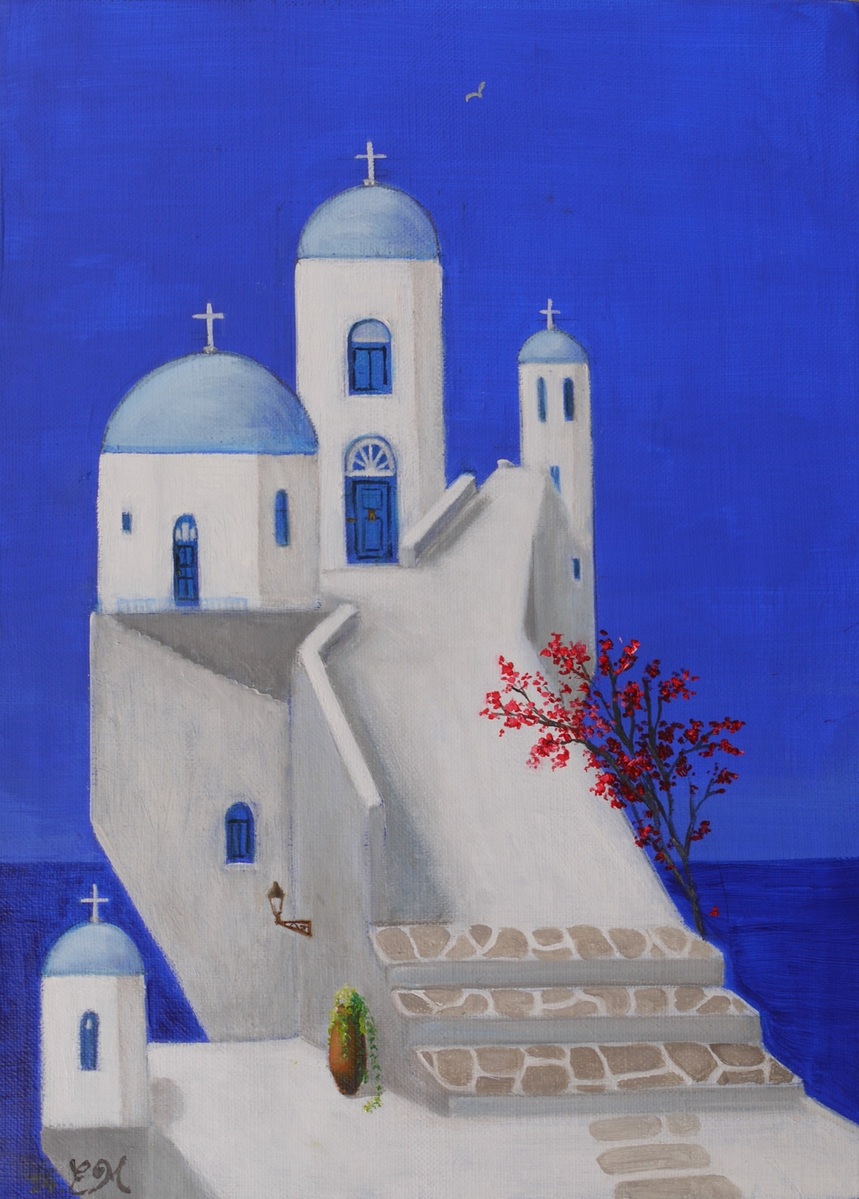 気まぐれSALE！ ブーゲンビリア咲くレストラン 透明水彩画 ホワイト額