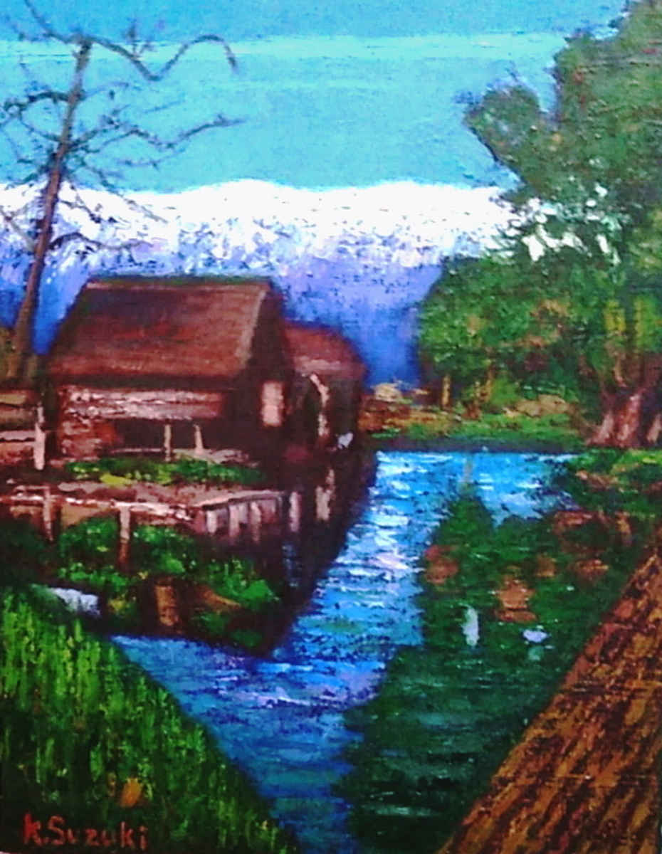 真作】絵画 油彩 水車小屋と渓流 古典ヨーロッパ風景画 クラシック
