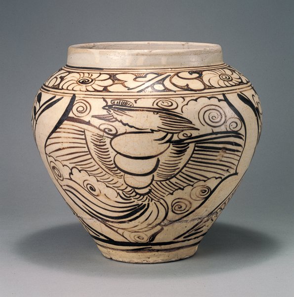 宋 磁州窯鉄絵鳳凰牡丹文壺（じしゅうようてつえほうおうぼたんもん