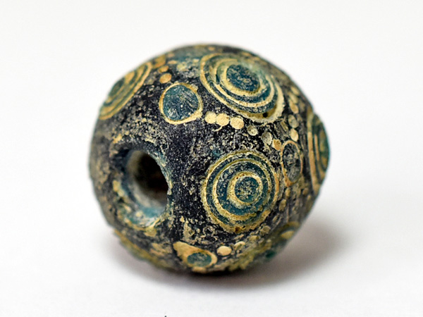 2105】中国戦国とんぼ玉 重ね緑多眼貼付扁平丸型中玉,アンティーク