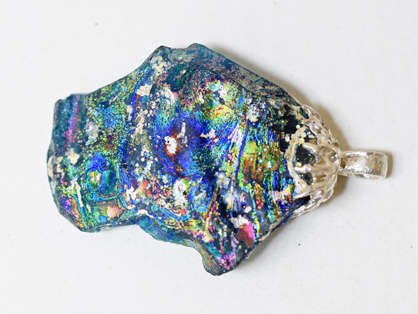 2412】古代ローマングラス極上虹色銀化残欠片シルバー装飾丸環付