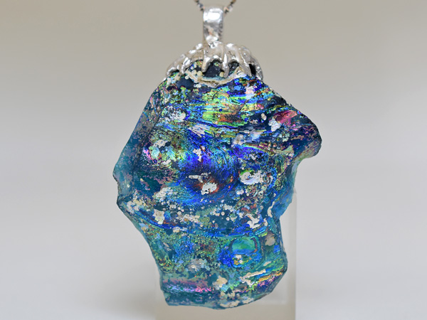 2412】古代ローマングラス極上虹色銀化残欠片シルバー装飾丸環付