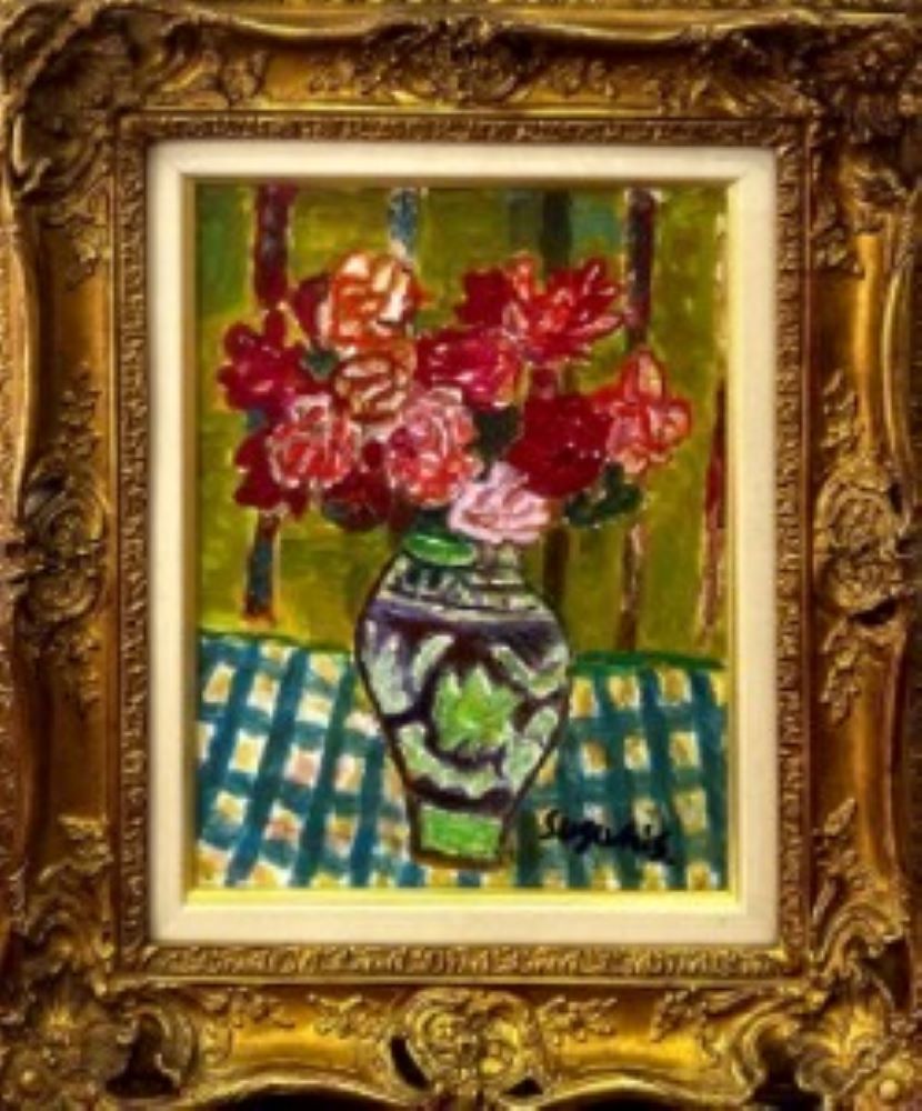 絵画、日本画、SM号、コスモス、春、真作、額縁、片岡珠子、五味悌四郎