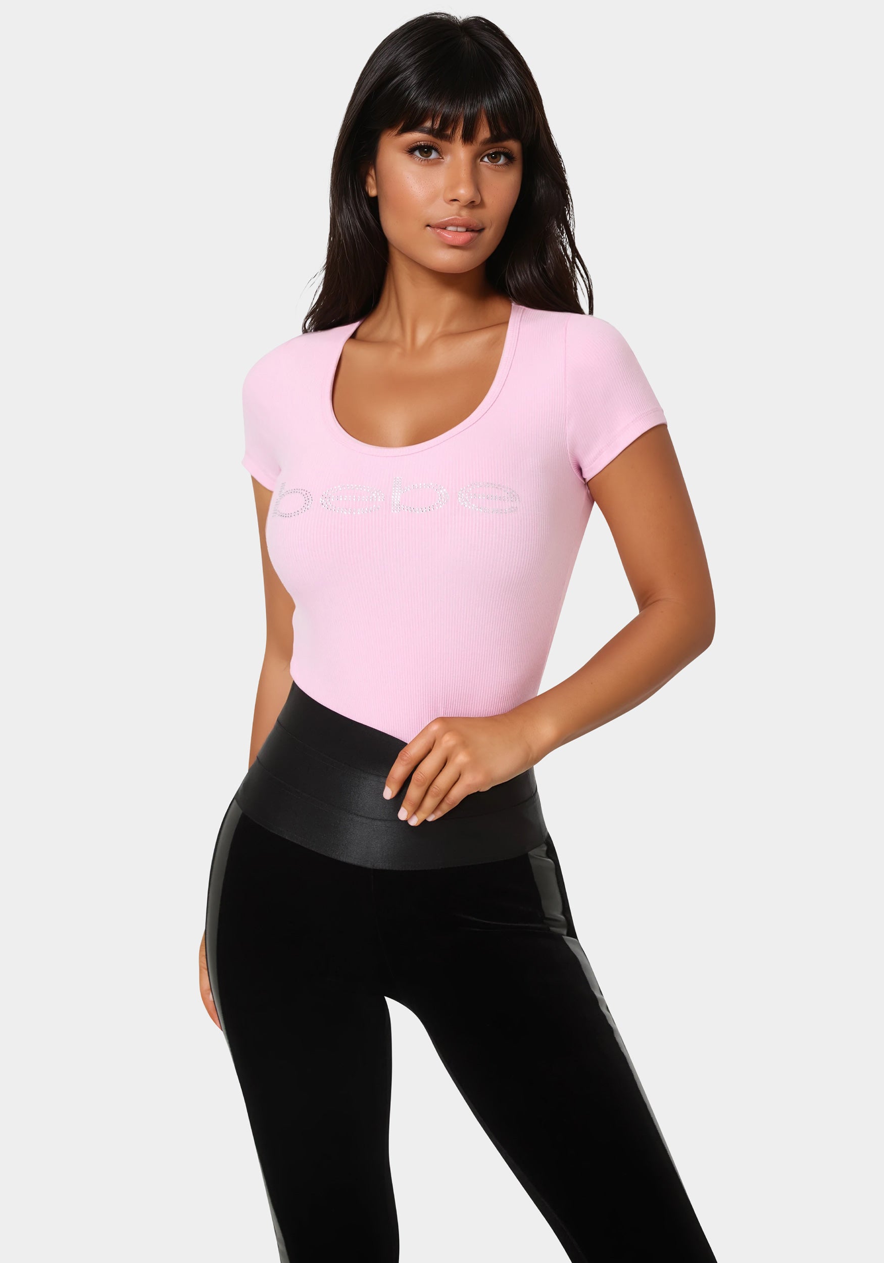 Bebe Logo Short Sleeve Round Neck Rib Top Bubble Gum Pink - bebe