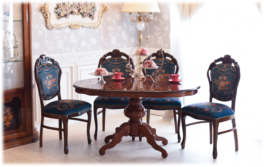 イタリア製 象嵌 ダイニングセット5P 4人掛け ブルー 幅135cm | ロココ
