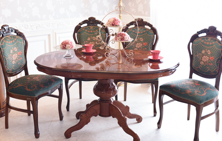 ダイニングテーブル 楕円形象嵌イタリア製ロココ式猫脚アンティーク調