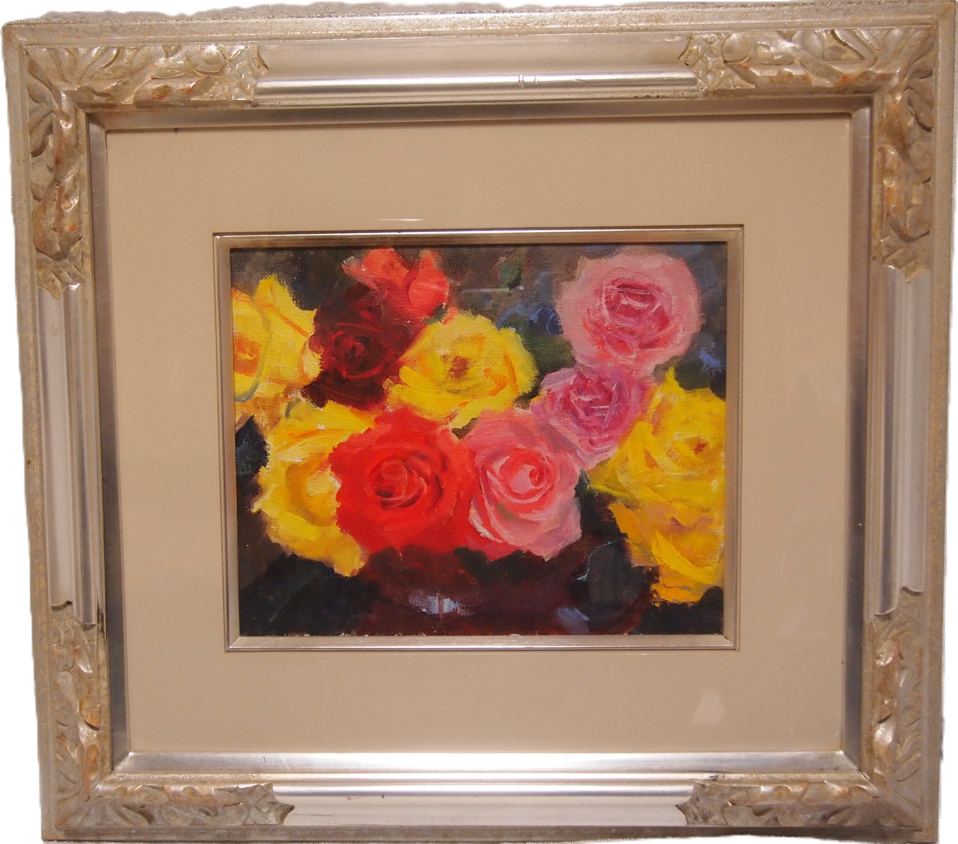 真作】絵画 丸茂義輝 油彩0号 パンジー 花の静物画 洋画家人気作 X46