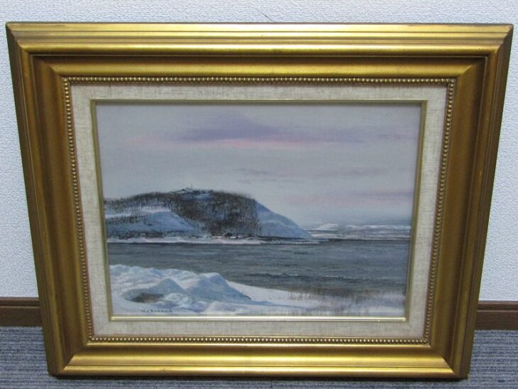 黒澤信男作 雪道の午後 油彩絵 直筆 額装 本人サインあり 箱入 送料