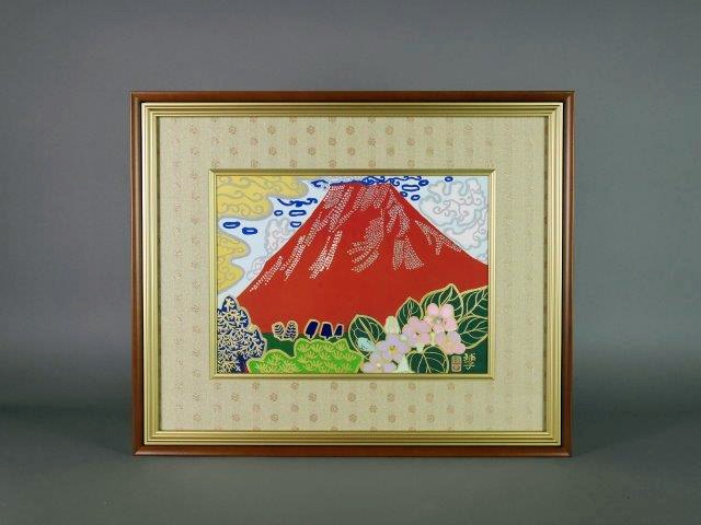 風景画 油絵 片岡球子 花と富士 M10 額付き 手描き 肉筆 風景画 油絵
