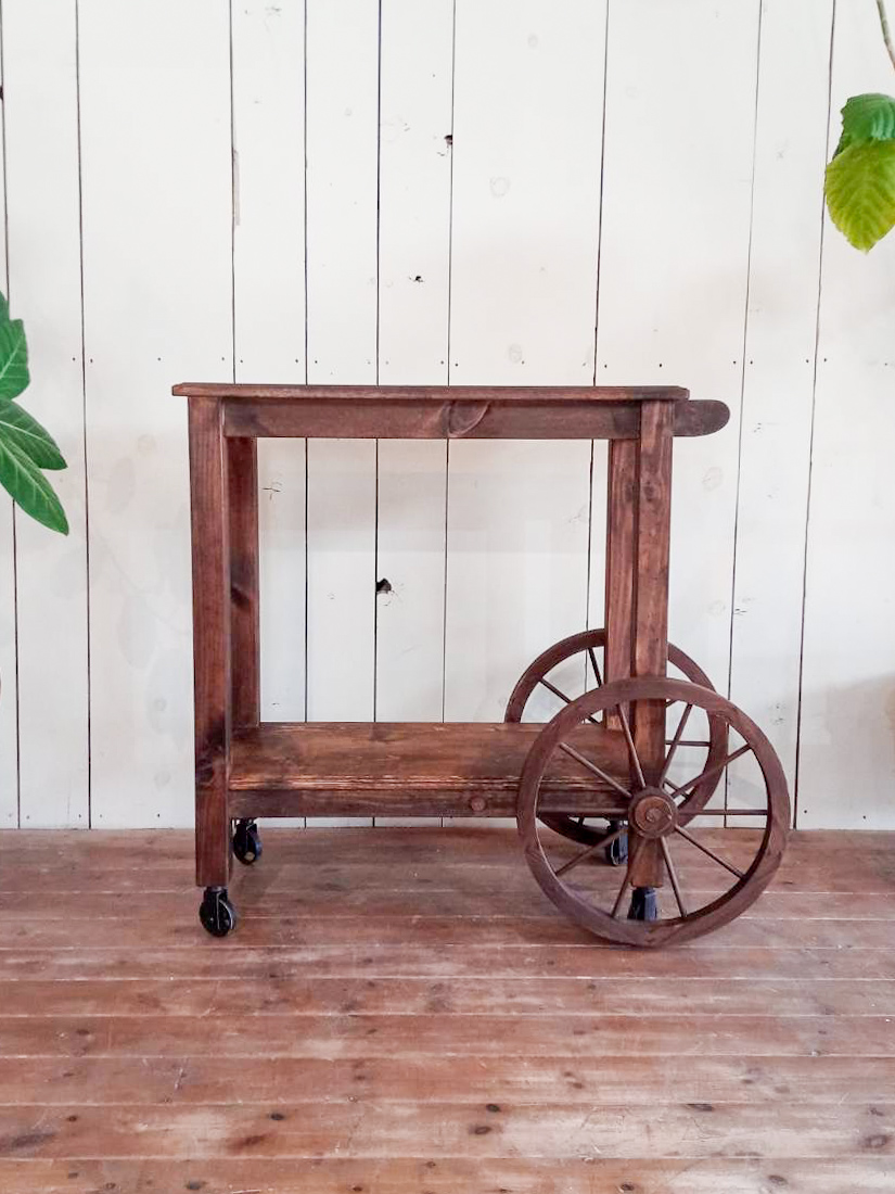 木製アンティーク2段式 節約 キャスター付きワゴン フランス
