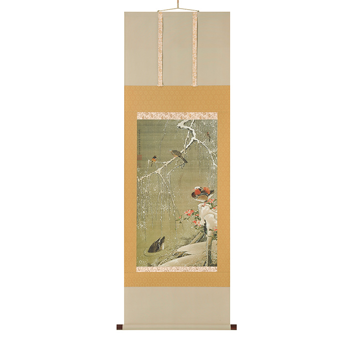 掛け軸 渡辺省亭 作『雪中鴛鴦之図』絹本 名品 複製 希少 茶道具 掛軸