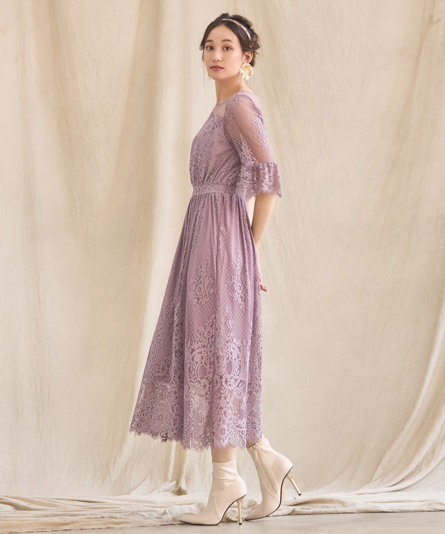 kana/フラワー刺繍 レース 切り替え プリーツロング パーティー ドレス