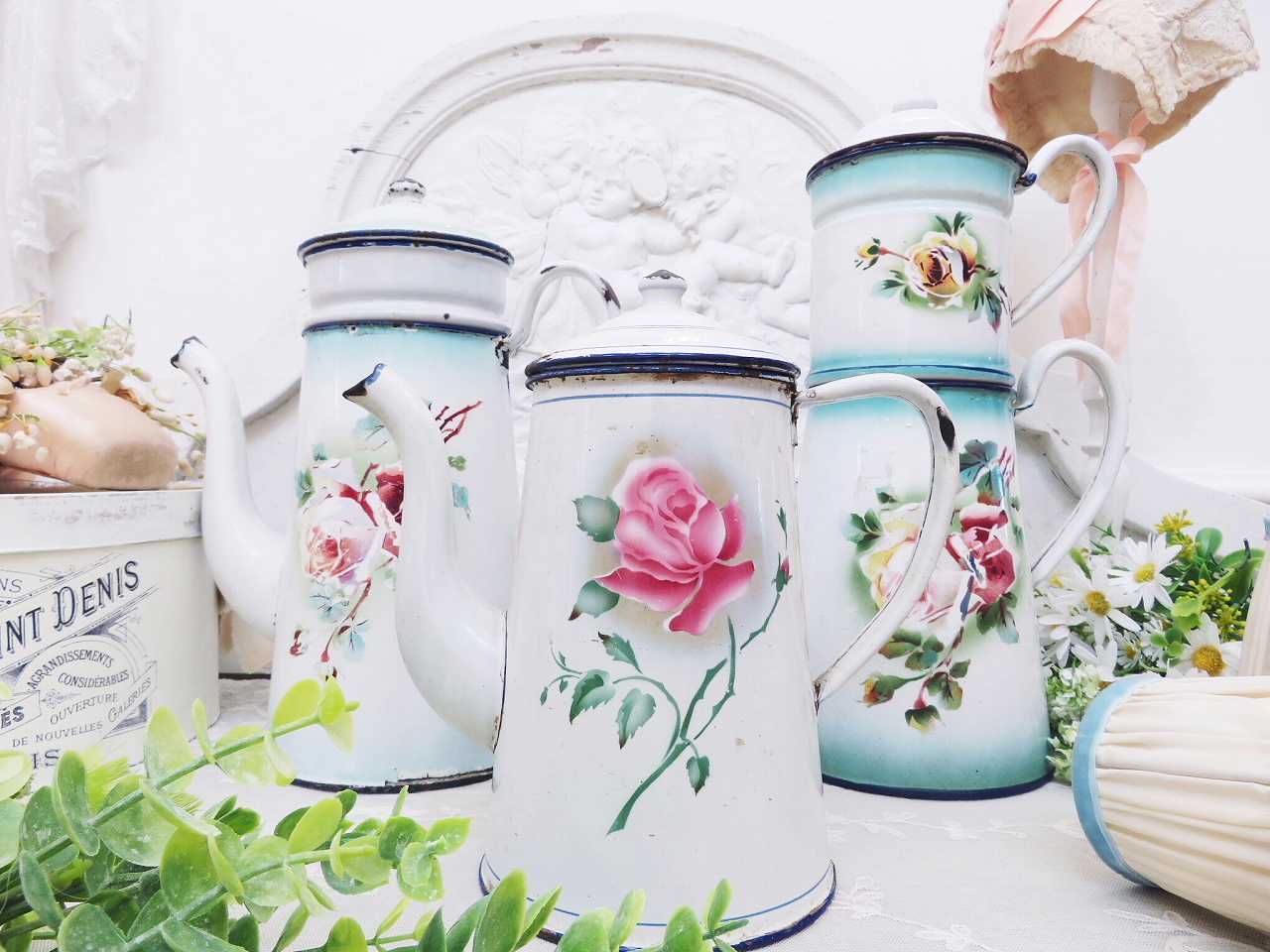 N フランスアンティーク ローズペイントの美しいピンクのホーロー