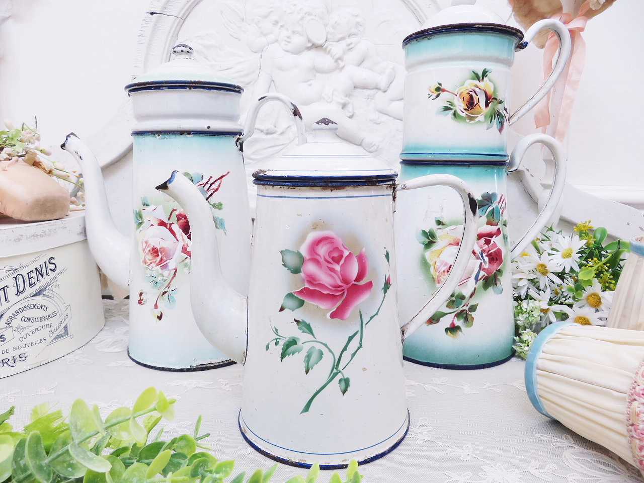 ◎フランスアンティーク ローズペイントの美しいピンクのホーロー