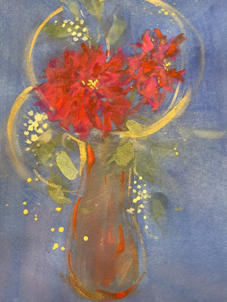 クリスマスの花たち | 堀井かずえ | 花の絵ファンタジック水彩画