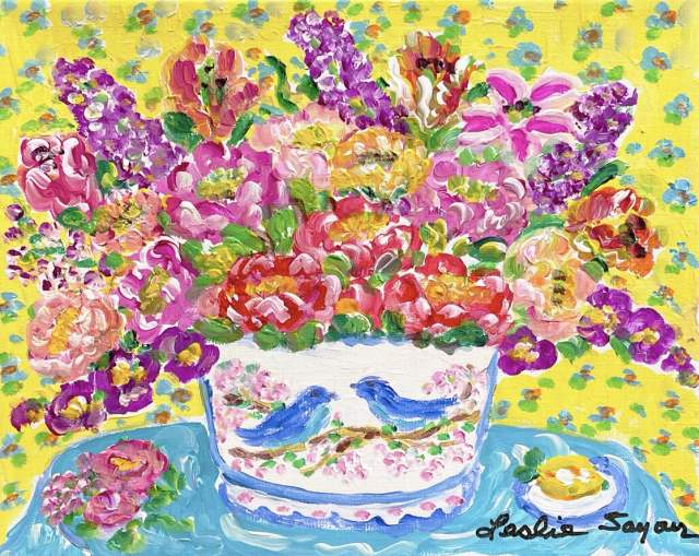 レスリー セイヤ 花畑の中 本人を描いた 105／250 シルク