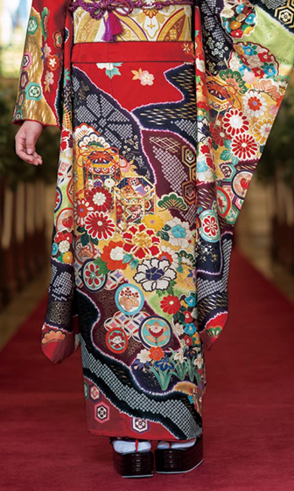 鹿子と桶しぼり友禅振袖/赤┃伝統古典【菊京屋】