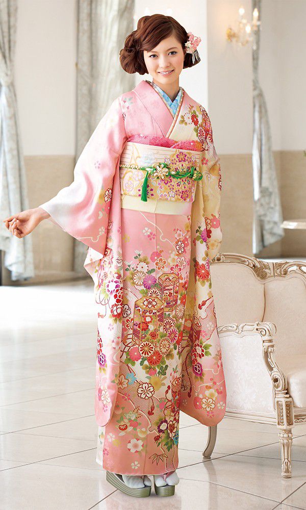 k*y様 【正絹 振袖セット】金彩小花紋意匠 御所車文様 ピンク黒身丈