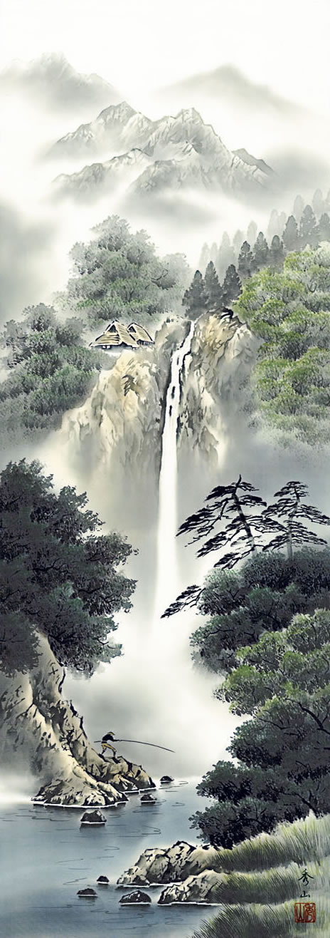 真作】掛軸 無落款 静寂の湖畔風景 幽玄の水墨山水 遠景の雅趣 R75 真