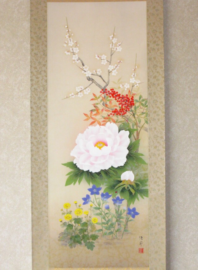 美品 掛け軸 鈴木康夫作 菖蒲図 共箱 太巻き付 夏掛け 美