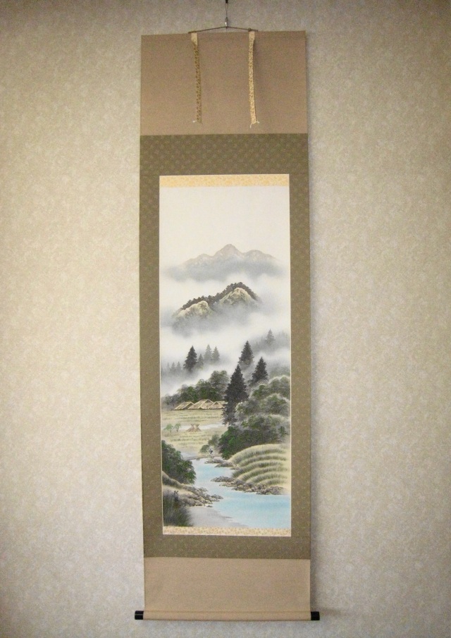 真作/幕末の南画家/日根野対山/山水画賛/布袋屋掛軸A-383 真作/幕末の