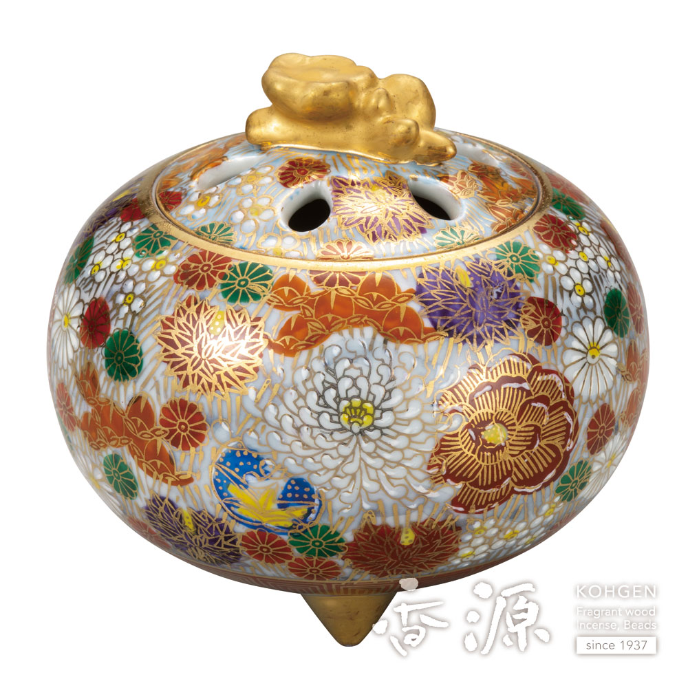 専用 九谷焼 金彩色絵 花尽し 花詰文 獅子摘 金襴手 大香炉 約46cm