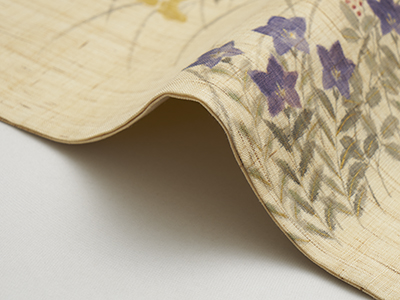 秋草模様手描麻開名古屋帯 桐山紫香作(F96066to) 帯紹介