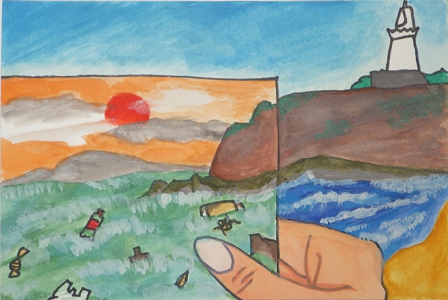 水彩画『銚子市外川町から海を臨む』