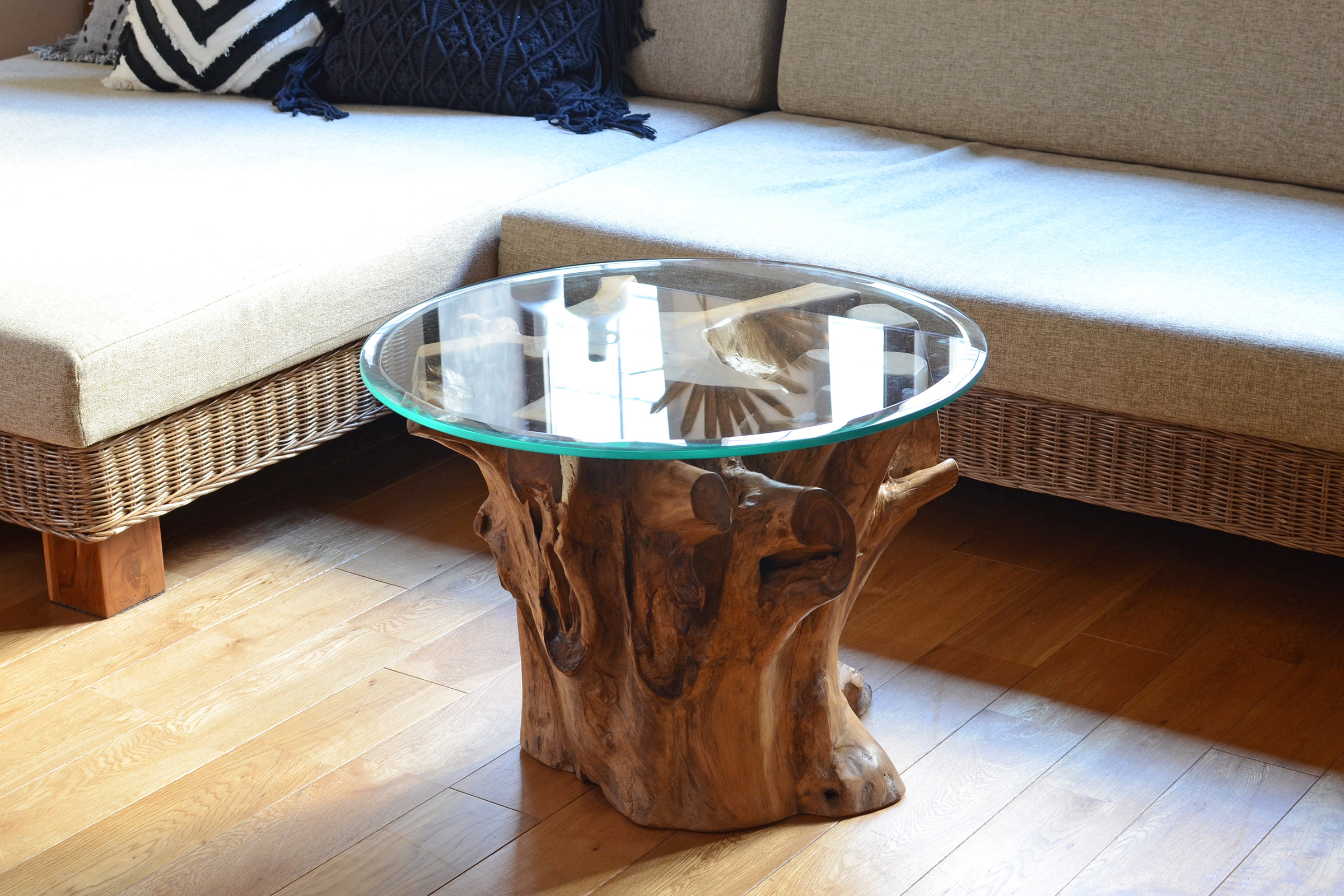 KAJA 古木 ガラス天板 ローテーブル アジアン リゾート モダン