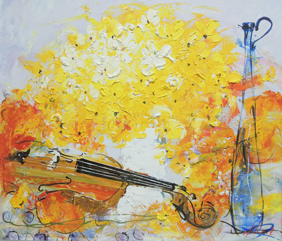 絵画 油絵 花とバイオリン (池田秀郎) 送料無料 【肉筆】【油絵】【花