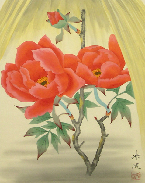 真作】掛軸 伊藤柳荘 寒牡丹 冬の風情漂う花鳥画 逸品 共箱入 T102 真