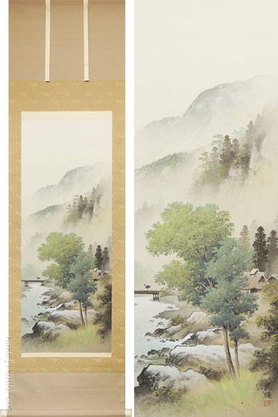 掛け軸 彩色山水 (小島光径) ※即納※ 送料無料 【掛軸】【一間床・半間