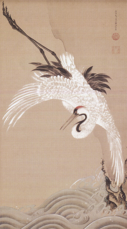 7/31まで！【お届け無料】貴石画 鶴の絵画 額縁付き 伊藤若冲 絵画