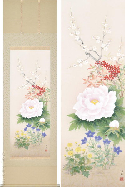 掛け軸 四季花 （鈴木優莉）送料無料 【肉筆】【掛軸】【一間床・半間
