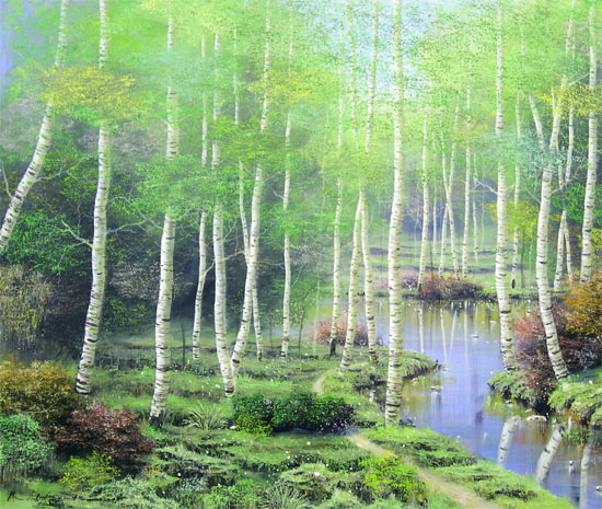 大型油彩画 肉筆 風景画 森林水面 金色額縁 インテリア 美術品 大型