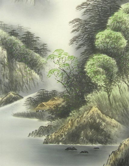 掛け軸 彩色山水 （佐藤竹風） （掛軸小物なし） 送料無料 【掛軸