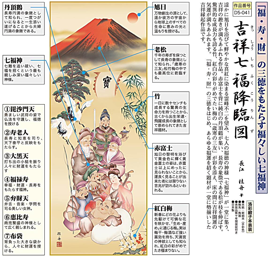 Y 中古 掛け軸 七福神 百鶴之図 紫峰作 鶴 朝日 松 宝船 天皇長寿