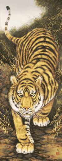 掛け軸 竹内松風 家運隆盛 猛虎之図 絹本 希少 軸装 茶道具 掛軸 美