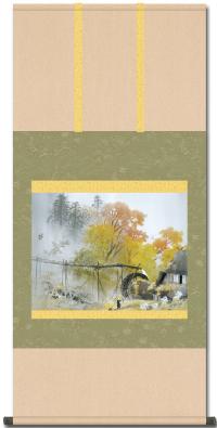 掛け軸 河合玉堂 『 彩雨 』 絹本 名品 複製 希少 軸装 茶道具 掛軸 美