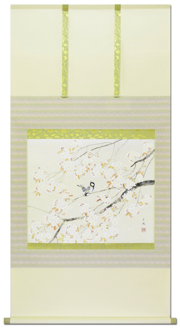 春郊図(菜花にひよ子)】森月城 2690 ヒヨコ 春掛 肉筆 共箱 掛け軸