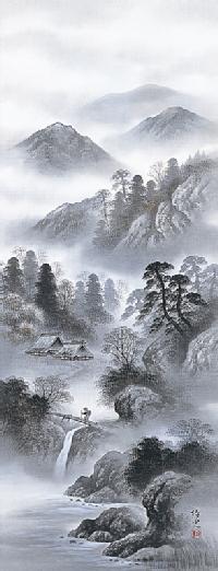 山水画 掛軸 墨絵 山水 水墨画 絵画 掛け軸 伝統山水 風景画 滝 絵画