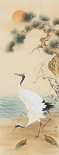 松竹梅鶴亀 前川峰水 (尺五立）肉筆！ 祝儀掛け - 掛け軸（掛軸）販売