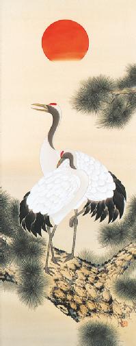 富士山と鶴の掛軸 木製収納ケース付き 富士山と鶴の掛軸 木製収納