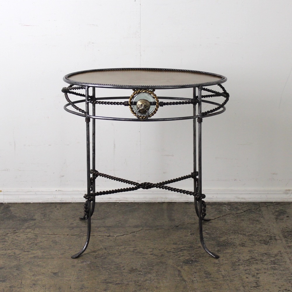 フランス製 アンティークグリーンのアイアンとガラスのサイドテーブル