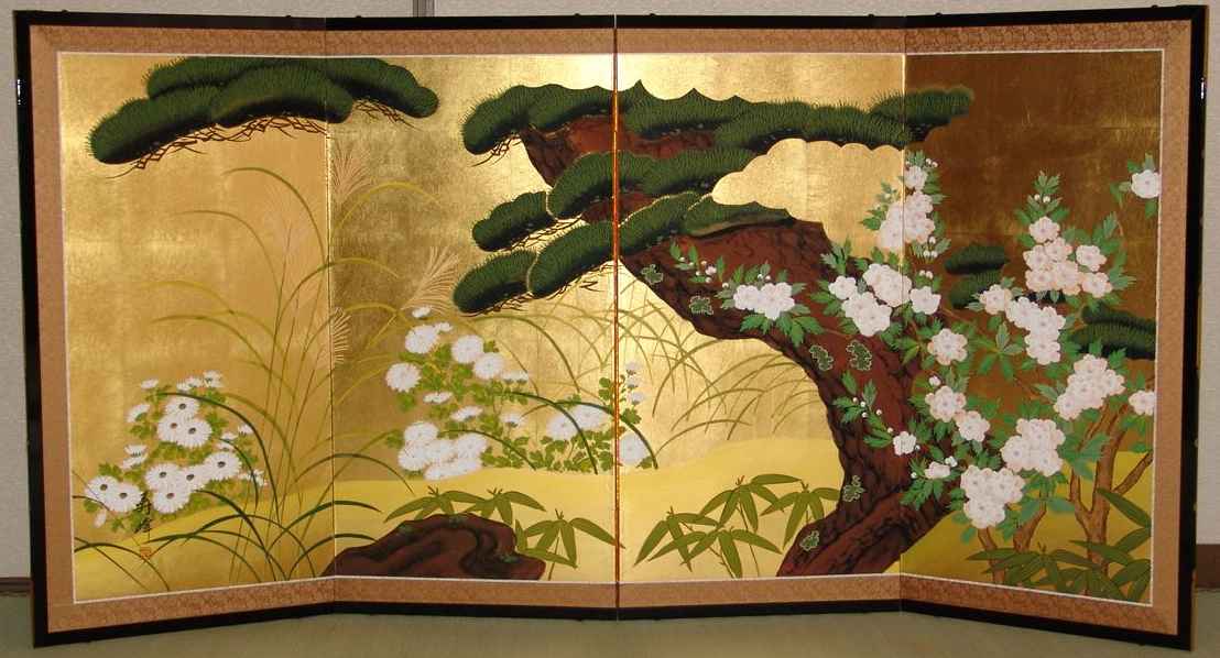 四つ折り四曲屏風 日本画 金箔着色 おまん菊 金屏風 日本画金